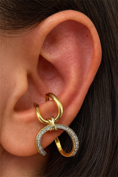 Altın Renk Taş Detaylı 14K Altın Kaplama TX Ear Cuff (Tek)