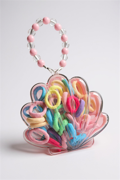 Pembe Renk Deniz Kabuğu Figürlü Boncuklu Çantalı Toka Seti