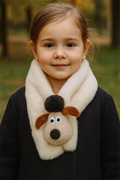 Krem Renk Köpek Figürlü Çocuk Peluş Atkı