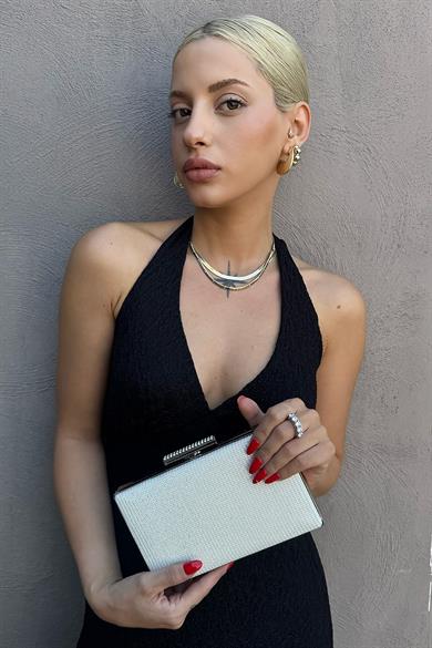 Beyaz Renk Simli Abiye Portföy Çanta