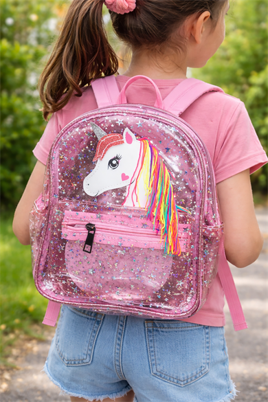 Pembe Renk Şeffaf Unicorn Figürlü Çocuk Sırt Çantası