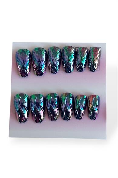 12li Mor Renk Karışık Figürlü Jel Görünümlü Takma Tırnak Set (Yapıştırıcılı)