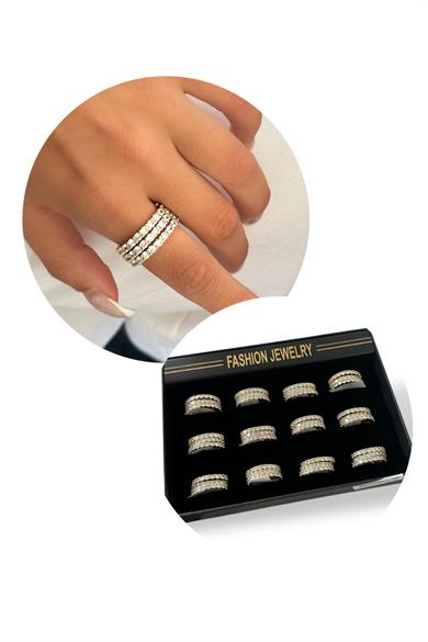 Altın Renk 12li Taş Detaylı Yüzük Set