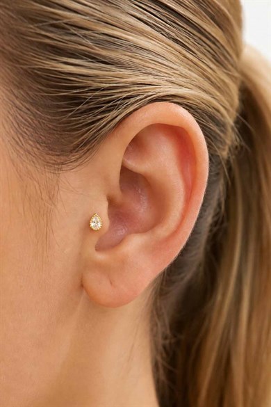 Altın Renk Taşlı Büyük Boy Cerrahi Çelik Tragus/Kıkırdak Küpe/Piercing (Tek)