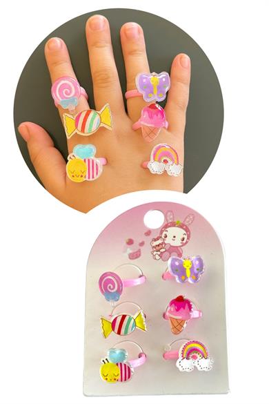 6lı Pembe Renk Karışık Figürlü Çocuk Yüzük Set