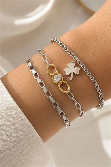 Gümüş Renk  Zincir Detaylı 3lü Bileklik Set