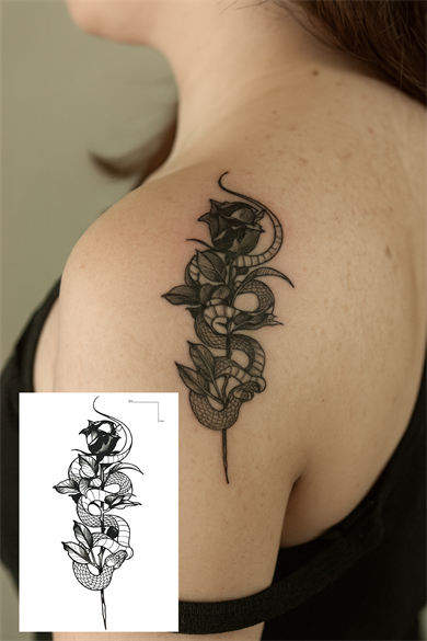 Geçici Gül Ve Yılan Figürlü Mini Dövme Tattoo