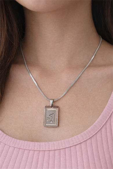 Gümüş Renk Allah Yazılı Çelik Kolye