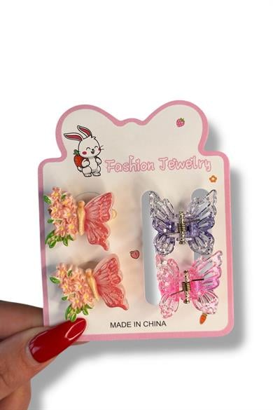 Karışık Renk Kelebek Figürlü Lastik Toka Ve Yan Toka Set