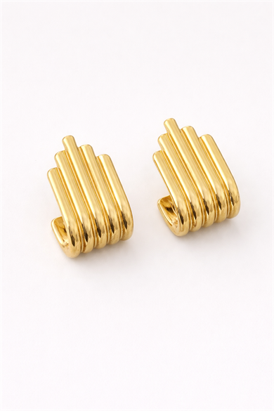 Altın Renk Çizgi Detaylı Çelik Küpe (Çift)