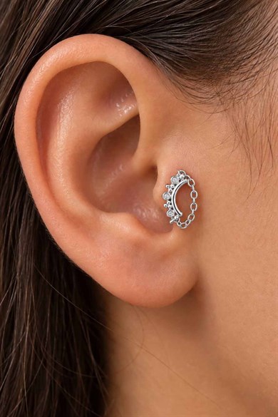 Gümüş  Renk Sallantılı   Taşlı Cerrahi Çelik Tragus/Kıkırdak Küpe/Piercing (Tek)