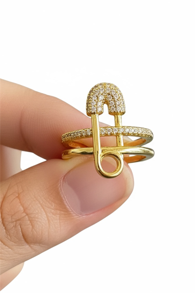 Altın Renk Kilitli İğne Figürlü 14K Altın Kaplama Ayarlanabilir Yüzük