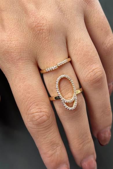 Altın Renk Pembe Taş Detaylı Ayarlanabilir Çelik Yüzük