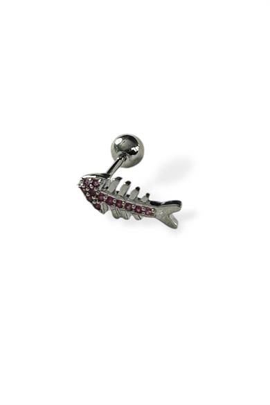 Gümüş Renk Balık Figürlü Taş Detaylı Cerrahi Çelik Tragus/Kıkırdak Küpe/Piercing (Tek)