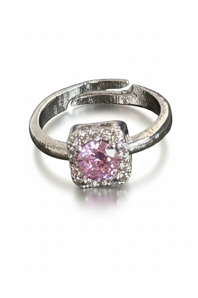 Gümüş Renk Pembe Taşlı Baget Yüzük (Ayarlanabilir)