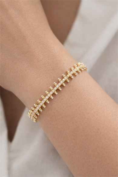 Altın Renk Taş Detaylı 14K Altın Kaplama VİP Bileklik