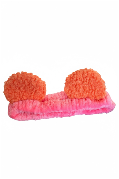 Fuşya Ve Turuncu Renk Kulak Detaylı Peluş Saç Bandı