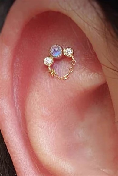 Altın Renk Taşlı Cerrahi Çelik Tragus/Kıkırdak Küpe/Piercing (Tek)