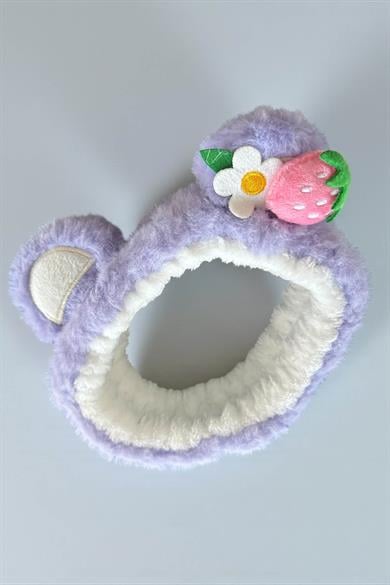 Lila Renk Çiçek Ve Çilek Figürlü Kulak Detaylı Peluş Saç Bandı