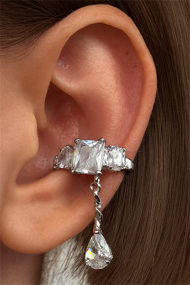 Gümüş Renk Taş Detaylı 14K Altın Kaplama TX Ear Cuff (Tek)