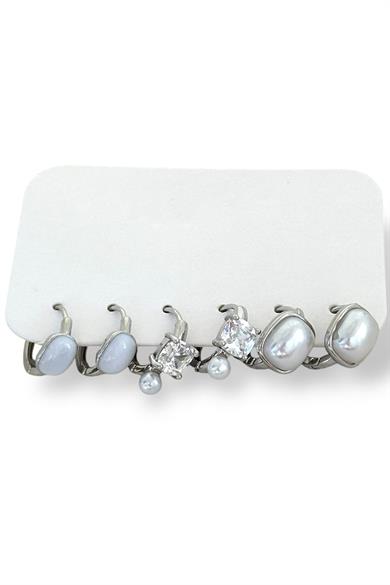 Gümüş Renk İnci Detaylı 6lı Küpe Set