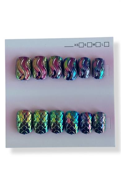 12li Mor Renk Karışık Figürlü Jel Görünümlü Takma Tırnak Set (Yapıştırıcılı)