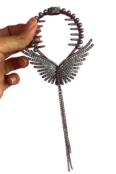 Antrasit Renk Melek Kanadı Figürlü İnci Ve Taş Detaylı Topuz Toka