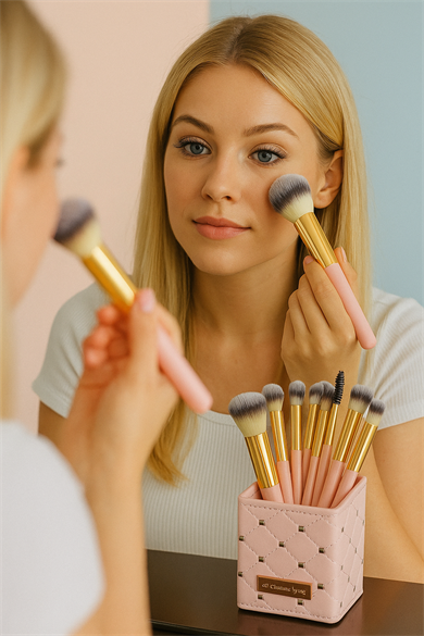 Pembe Renk Profesyonel 13lü Standlı Makyaj Fırça Seti