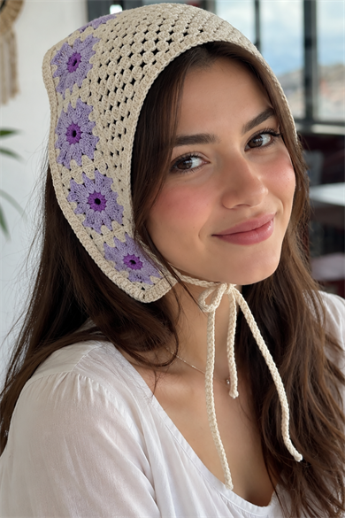 Mor Renk Çiçek Desenli Örgü Saç Bandana