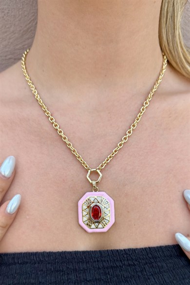 Altın Renk Pembe Mineli 14K Altın Kaplama Kolye