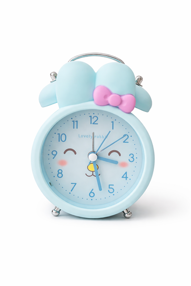 Mavi Renk Tavşan Figürlü Mini Dekoratif Işıklı Alarmlı Yuvarlak Masa Saati