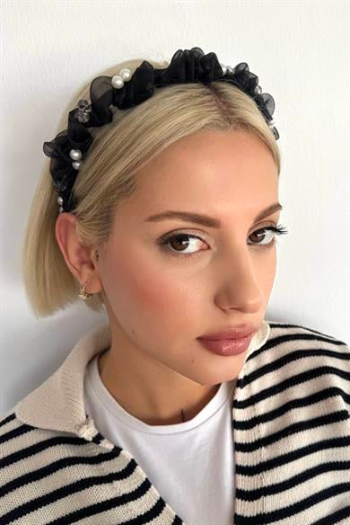 Siyah Renk İnci Ve Taş Detaylı Taç