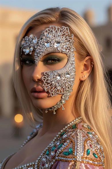 Gümüş Renk Taş Detaylı Tasarım Parti Maskesi