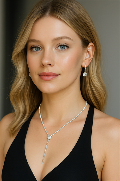 Gümüş Renk Abiye Kolye Küpe Seti, Düğün Kına Nişan Gelin Seti