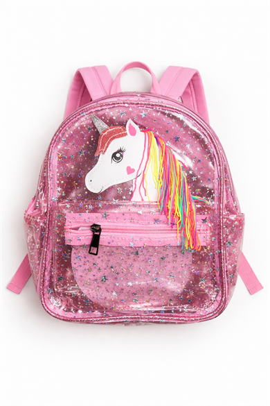 Pembe Renk Şeffaf Unicorn Figürlü Çocuk Sırt Çantası