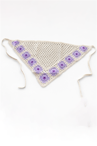 Mor Renk Çiçek Desenli Örgü Saç Bandana