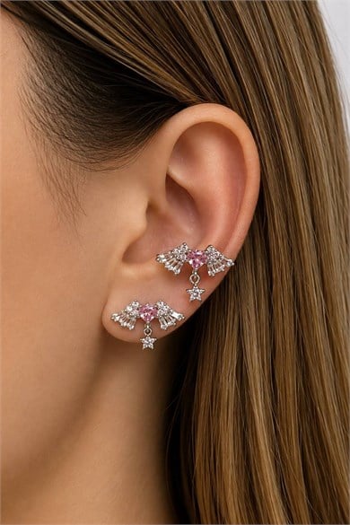 2li Gümüş Renk Kalp Ve Yıldız Figürlü Taş Detaylı Tx Tragus/Kıkırdak Küpe/Piercing 