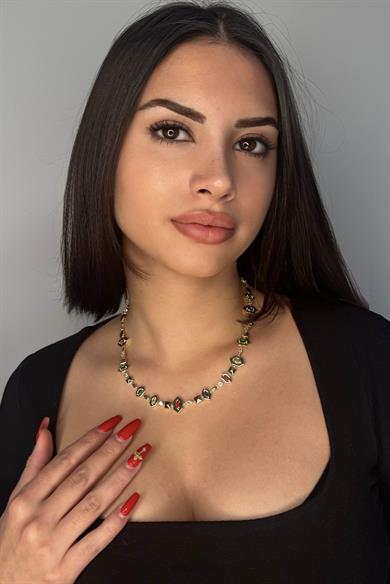 Altın Renk Renkli Taş Detaylı 14K Altın Kaplama VİP Kolye