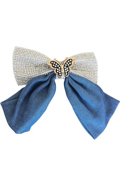 Lacivert Renk Kelebek Figürlü Taş Detaylı Kurdele Otomat Toka