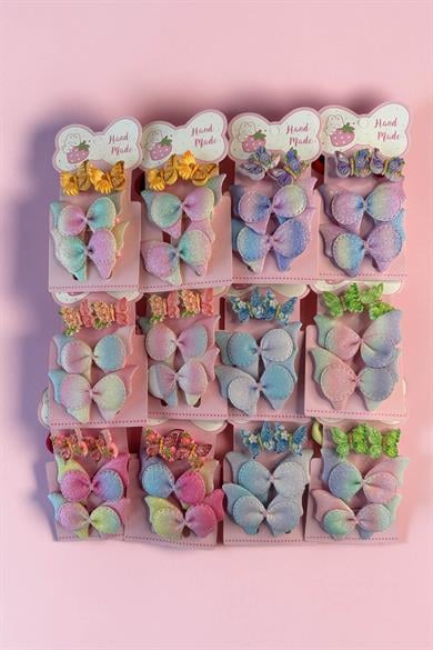 Karışık Renk Kelebek Figürlü Lastik Toka Ve Yan Toka Set