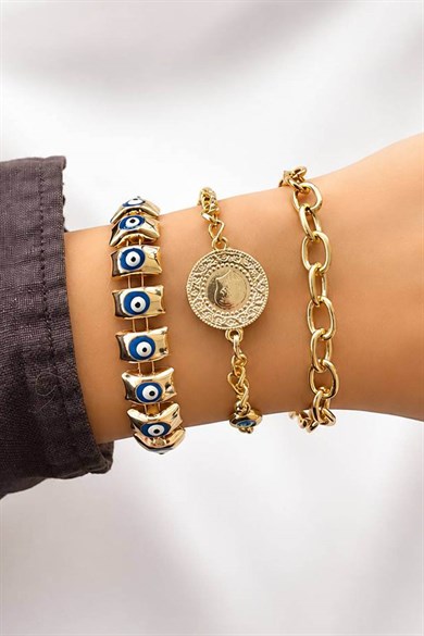 Altın  Renk  Zincir Detaylı 3lü Bileklik Set