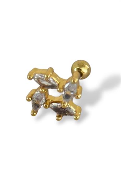 Altın Renk Taş Detaylı Çelik Tragus/Kıkırdak Küpe/Piercing (Tek)