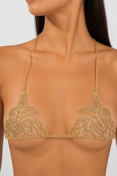 Altın Renk Taş Detaylı Bikini Üstü /Bralet /Vücut Aksesuarı