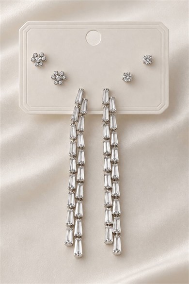 6lı Gümüş Renk Taşlı Sallantılı Küpe Set