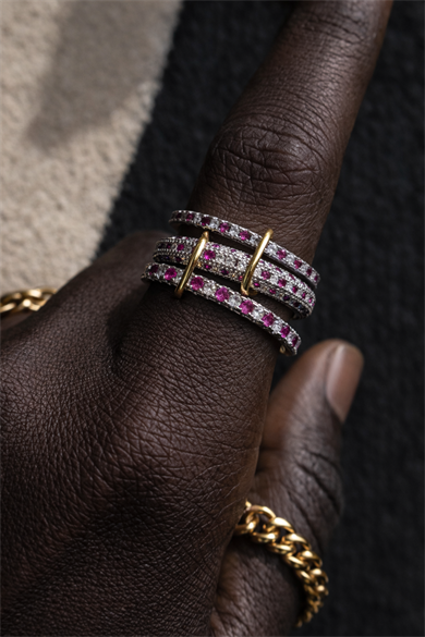 Gümüş Ve Bordo Renk Çoklu Halka Detaylı Taşlı Yüzük