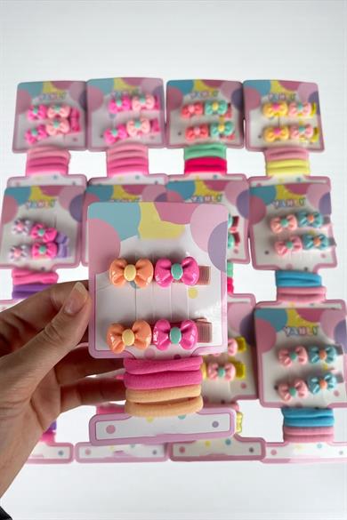 12li Karışık Renk Kurdele Figürlü Lastik Toka Ve Yan Toka Set 