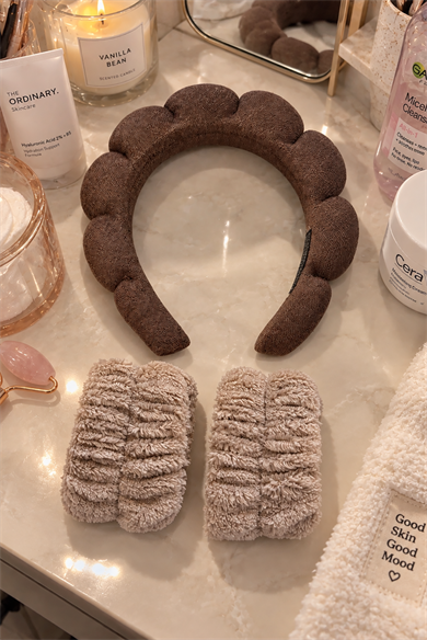 Kahve Renk Spa Taç Ve Peluş Su Emici Havlu Bileklik Set