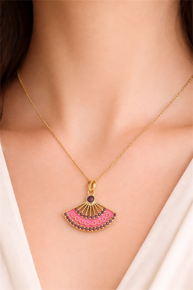 Altın Renk Pembe Yelpaze Figürlü Çelik Kolye