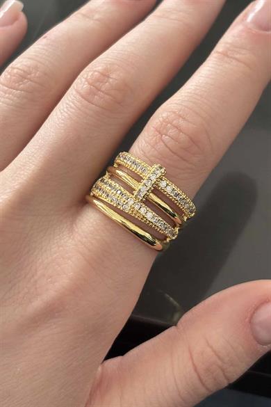 Altın Renk Taş Detaylı Ayarlanabilir Yüzük