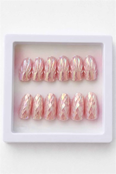 12li Pembe Renk Karışık Figürlü Jel Görünümlü Takma Tırnak Set (Yapıştırıcılı)
